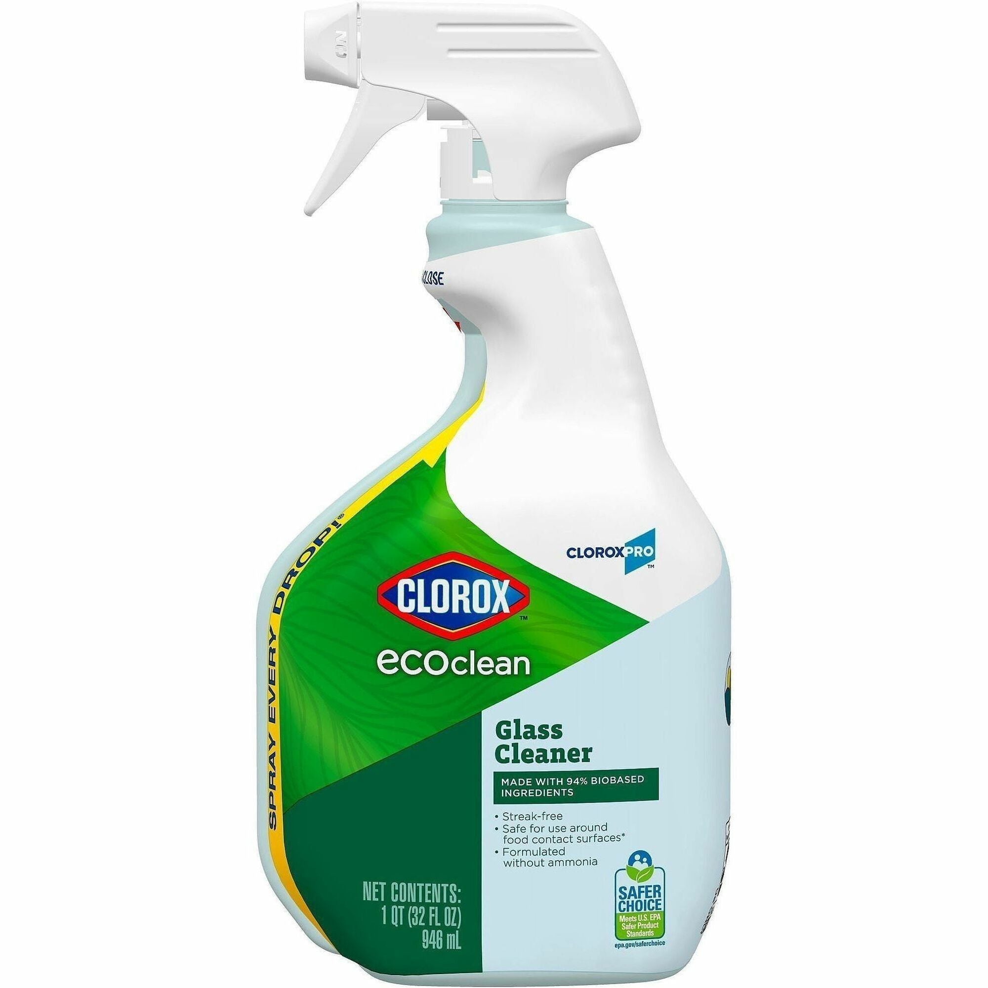 CloroxPro EcoClean Glass Cleaner Spray, 32 fl oz, Streak-free, Bio-based, Ammonia-free, Paraben-free, Dye-free, Phthalate-free, Chemical-free, Fume-free, Residue-free, Green/Blue, 1 Each