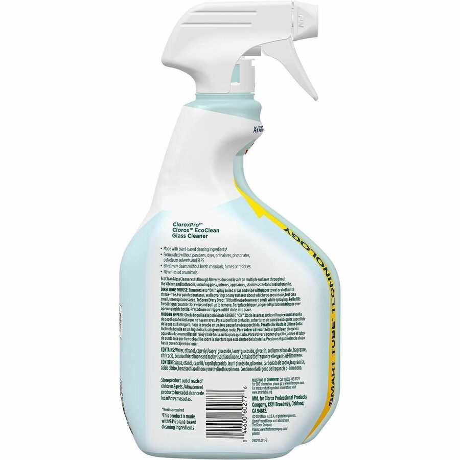 CloroxPro EcoClean Glass Cleaner Spray, 32 fl oz, Streak-free, Bio-based, Ammonia-free, Paraben-free, Dye-free, Phthalate-free, Chemical-free, Fume-free, Residue-free, Green/Blue, 1 Each