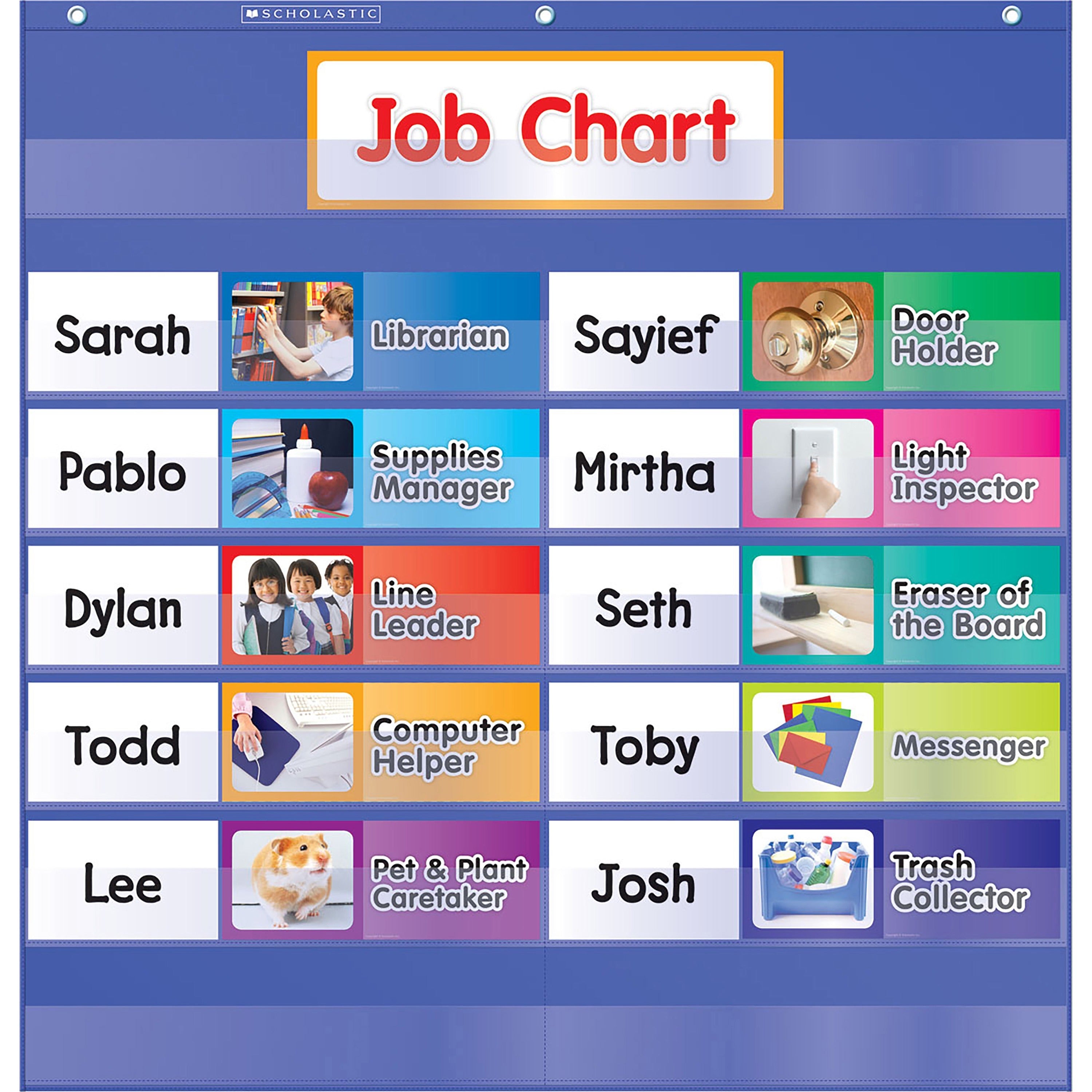 Scholastic Class Jobs Pocket Chart, Blue/Natural, 26.5" x 27.5", Includes 10 Job Cards & Activity Guide, 1 Each