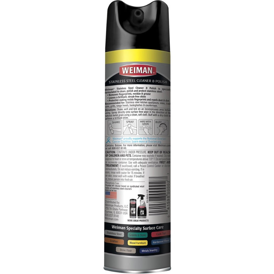 Weiman Stainless Steel Cleaner/Polish, 17 oz Aerosol, Streak-Free, Fingerprint, Dust & Dirt Resistant, pH Neutral, Clear, 1 Each