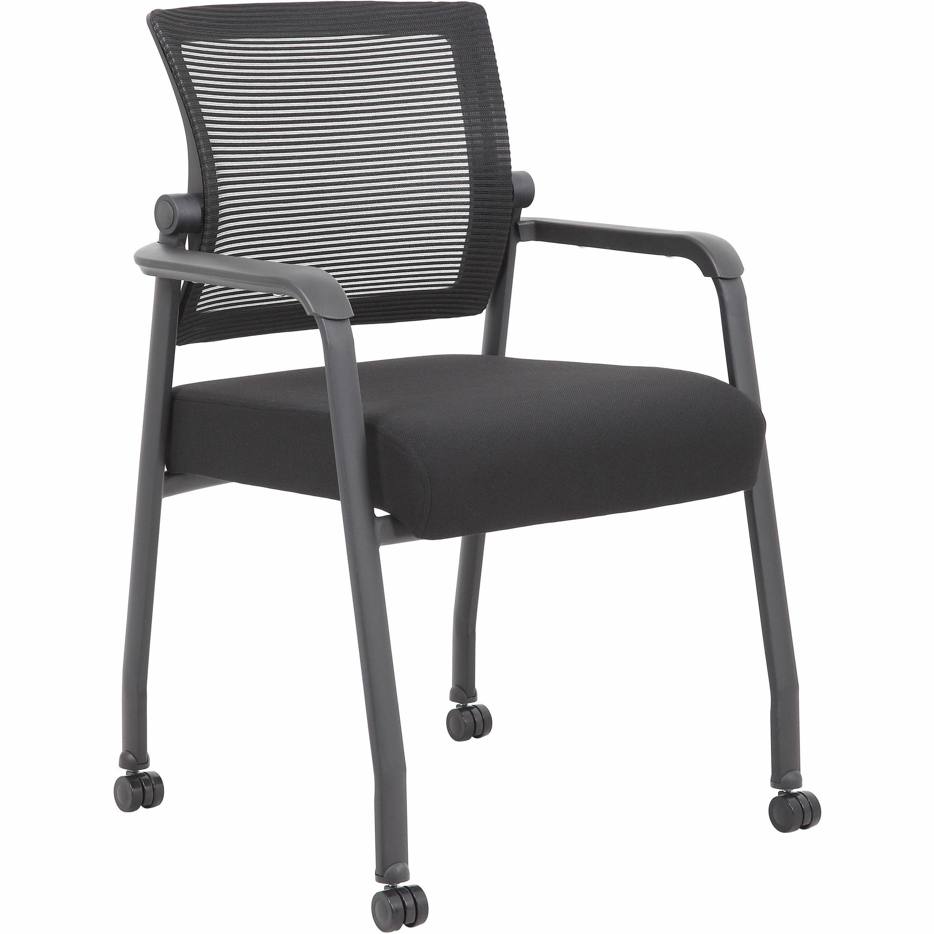 Boss Mesh 4-Legged Guest Chair, Black Fabric Seat, Mesh Back, Fixed Arms, Tubular Steel Frame, Four-Legged Base, 1 Each