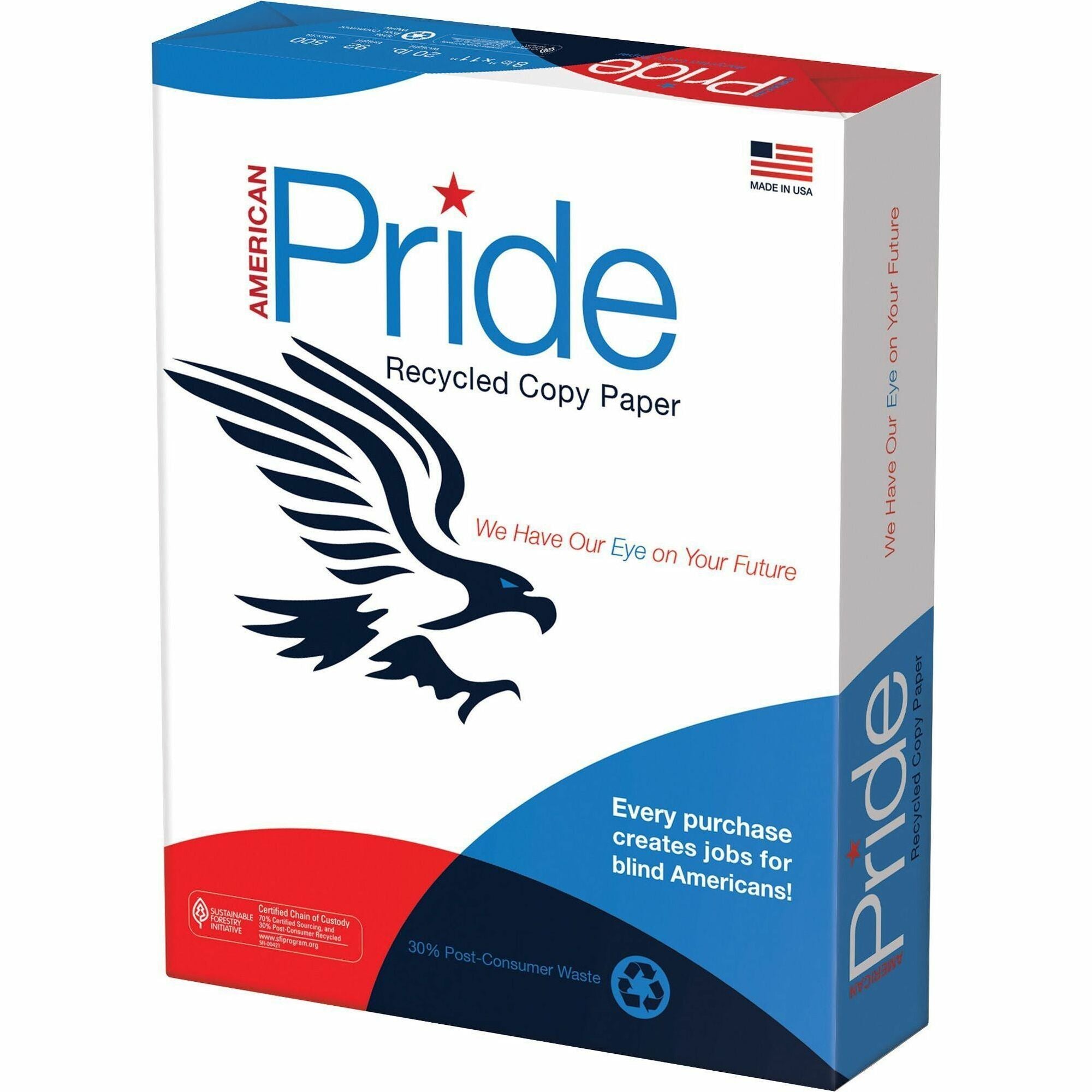 American Pride Recycled Copy Paper, White, Letter Size 8.5" x 11", 20 lb, 500 Sheets per Ream, 10 Reams per Carton