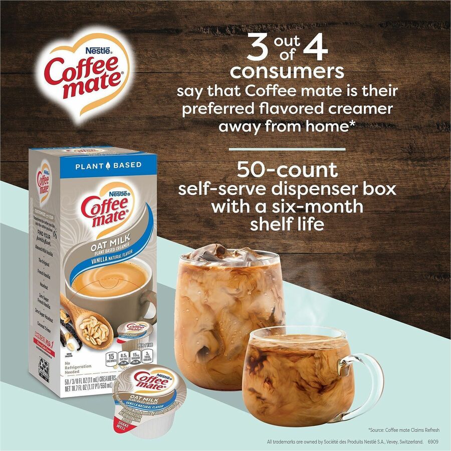 Coffee mate Oat Milk Vanilla Liquid Creamer Singles, Vanilla Flavor, 50/Box, 4 Boxes per Carton