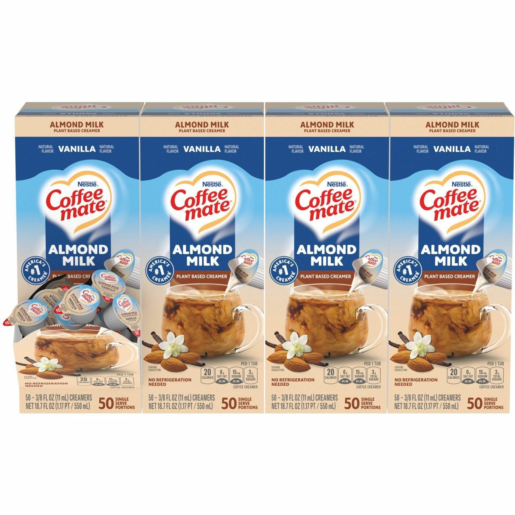 Coffee mate Almond Milk Vanilla Plant-Based Liquid Creamer Singles, Natural Vanilla Almond Milk Flavor, 0.38 fl oz (11 mL), 50/Box, 4 Boxes per Carton