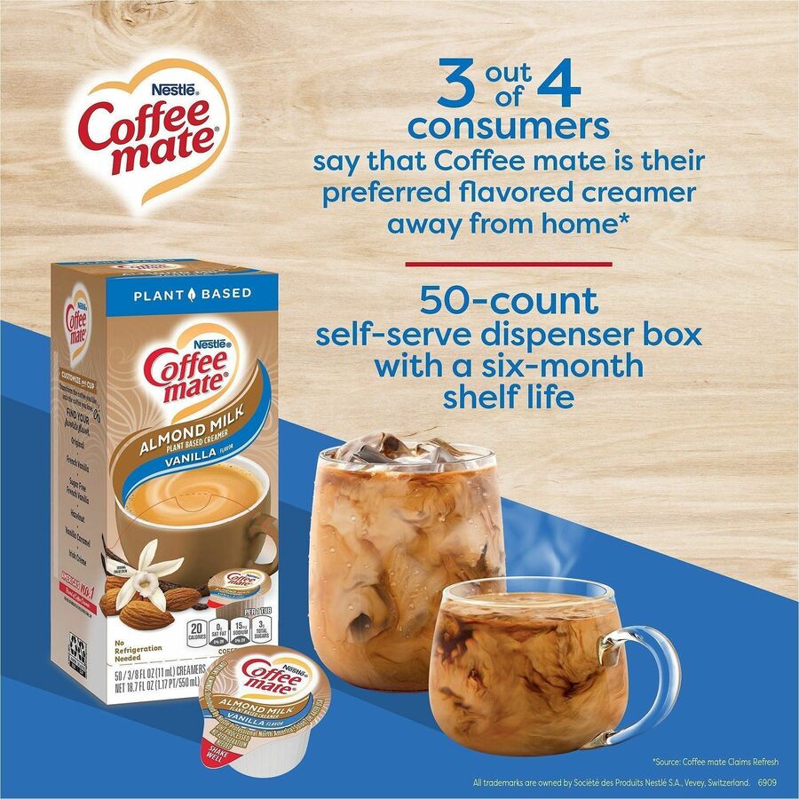 Coffee mate Almond Milk Vanilla Plant-Based Liquid Creamer Singles, Natural Vanilla Almond Milk Flavor, 0.38 fl oz (11 mL), 50/Box, 4 Boxes per Carton