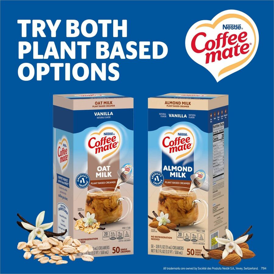 Coffee mate Almond Milk Vanilla Plant-Based Liquid Creamer Singles, Natural Vanilla Almond Milk Flavor, 0.38 fl oz (11 mL), 50/Box, 4 Boxes per Carton