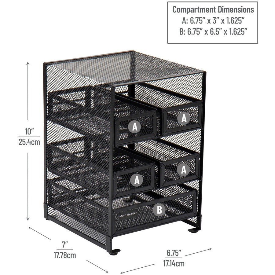30 x Tea Bag - 5 Compartment(s) - 5 Drawer(s) - 10" Height x 6.75" Width x 7" Length - Counter, Desktop, Tabletop - Removable Drawer, Easy to Clean, Non-skid Base, Rubber Feet, Compact - Black - Metal Mesh - 1 Each