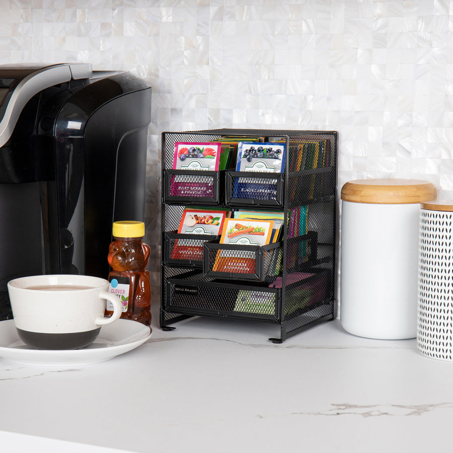 30 x Tea Bag - 5 Compartment(s) - 5 Drawer(s) - 10" Height x 6.75" Width x 7" Length - Counter, Desktop, Tabletop - Removable Drawer, Easy to Clean, Non-skid Base, Rubber Feet, Compact - Black - Metal Mesh - 1 Each