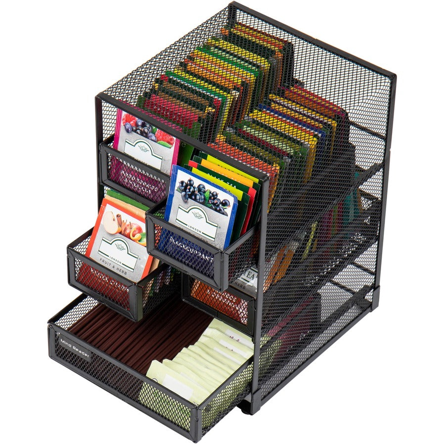 30 x Tea Bag - 5 Compartment(s) - 5 Drawer(s) - 10" Height x 6.75" Width x 7" Length - Counter, Desktop, Tabletop - Removable Drawer, Easy to Clean, Non-skid Base, Rubber Feet, Compact - Black - Metal Mesh - 1 Each