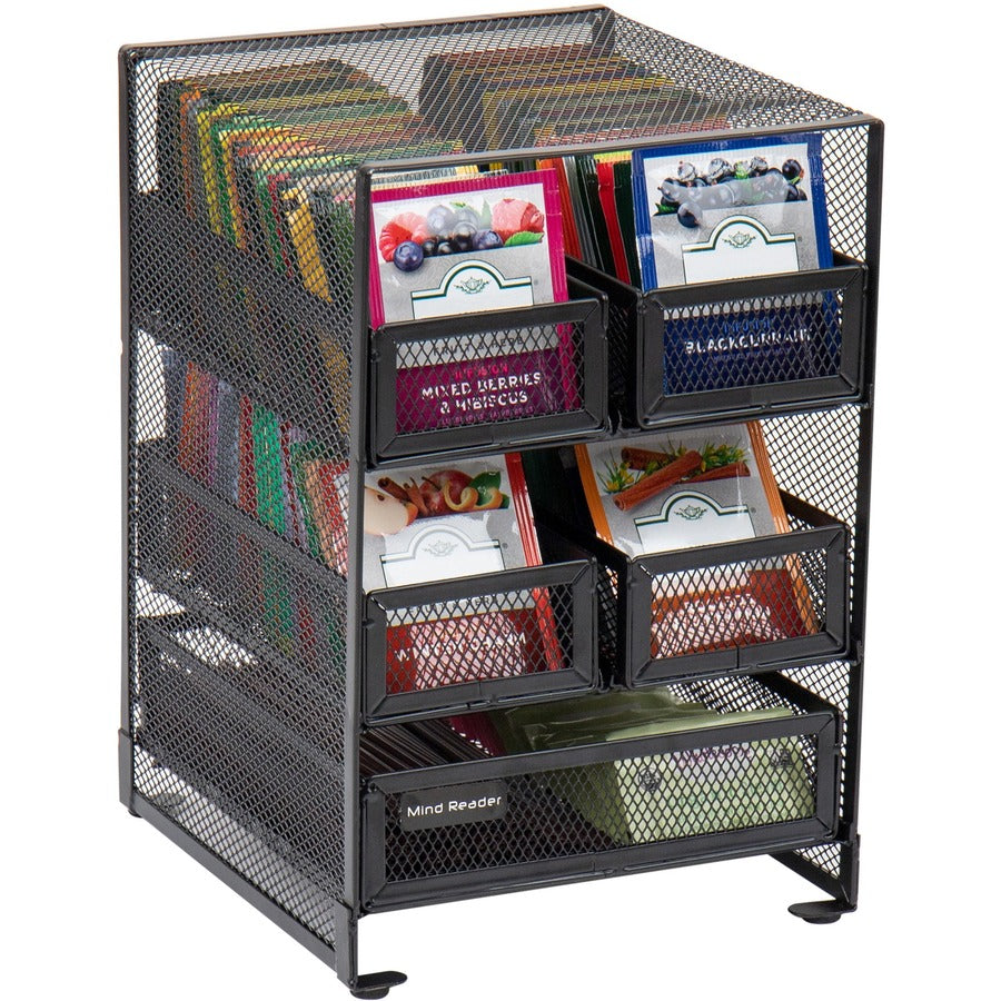 30 x Tea Bag - 5 Compartment(s) - 5 Drawer(s) - 10" Height x 6.75" Width x 7" Length - Counter, Desktop, Tabletop - Removable Drawer, Easy to Clean, Non-skid Base, Rubber Feet, Compact - Black - Metal Mesh - 1 Each