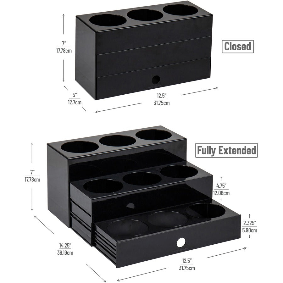 9 Compartment(s) - 3 Tier(s) - 7" Height x 5" Width x 12.50" Length - Easy to Clean, Sliding Tray - Black - 1 Each