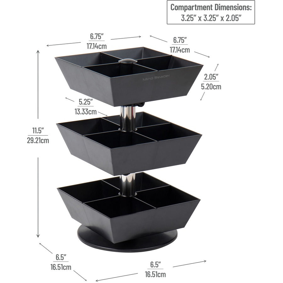 12 Compartment(s) - 3 Tier(s) - 11.50" Height x 6.75" Width x 6.75" Depth - Counter - Durable, Easy to Clean - Black - Plastic - 1 Each
