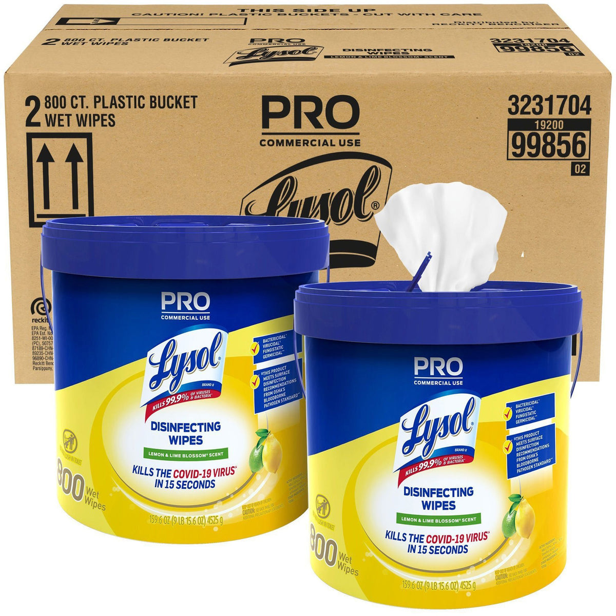 Lysol Disinfecting Wipe Bucket, Lemon & Lime Blossom Scent, Pre-moistened, White, 800 Wipes per Bucket, 2 Buckets per Carton