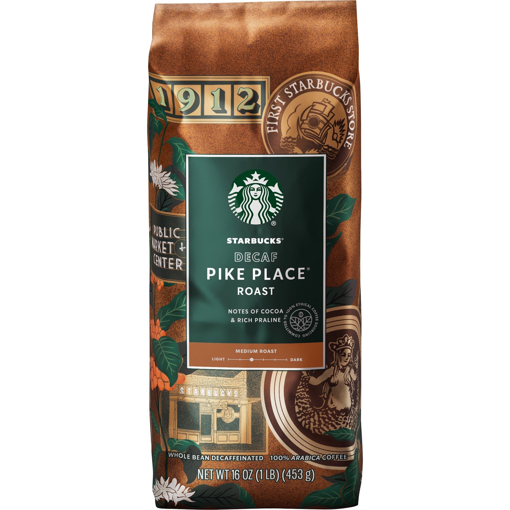 Starbucks Pike Place Decaf Whole Bean Coffee, Medium Roast, 16 oz, 1 Each