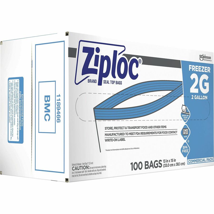 Ziploc Grip n' Seal Freezer Bags, 2 Gallon, 15" x 13", Blue, Plastic, Dual Zipper, Airtight, 100 Bags per Box, 1 Carton