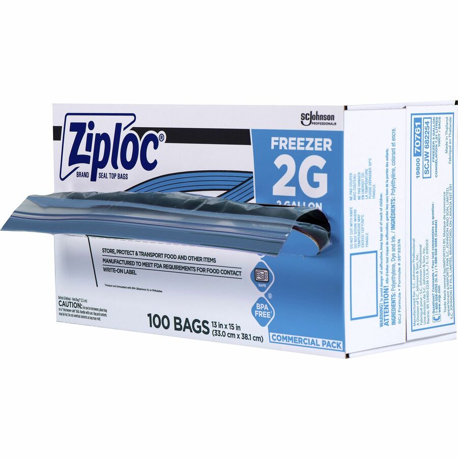 Ziploc Grip n' Seal Freezer Bags, 2 Gallon, 15" x 13", Blue, Plastic, Dual Zipper, Airtight, 100 Bags per Box, 1 Carton