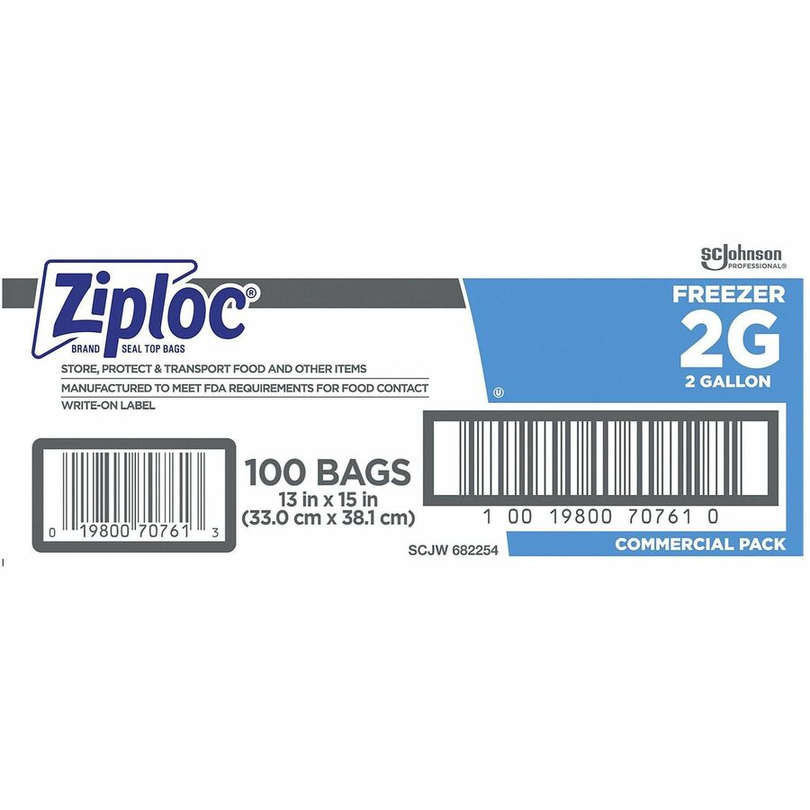 Ziploc Grip n' Seal Freezer Bags, 2 Gallon, 15" x 13", Blue, Plastic, Dual Zipper, Airtight, 100 Bags per Box, 1 Carton