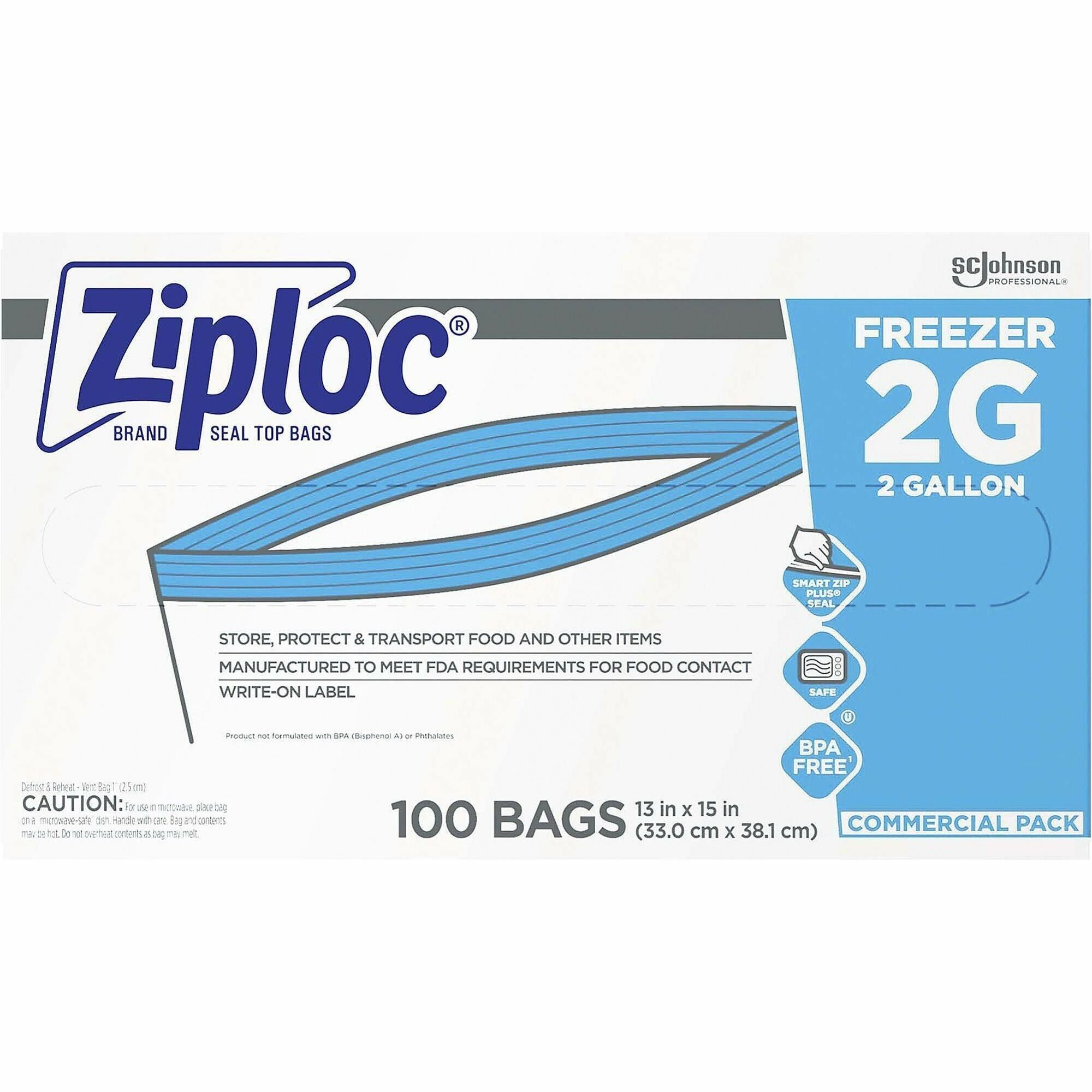 Ziploc Grip n' Seal Freezer Bags, 2 Gallon, 15" x 13", Blue, Plastic, Dual Zipper, Airtight, 100 Bags per Box, 1 Carton