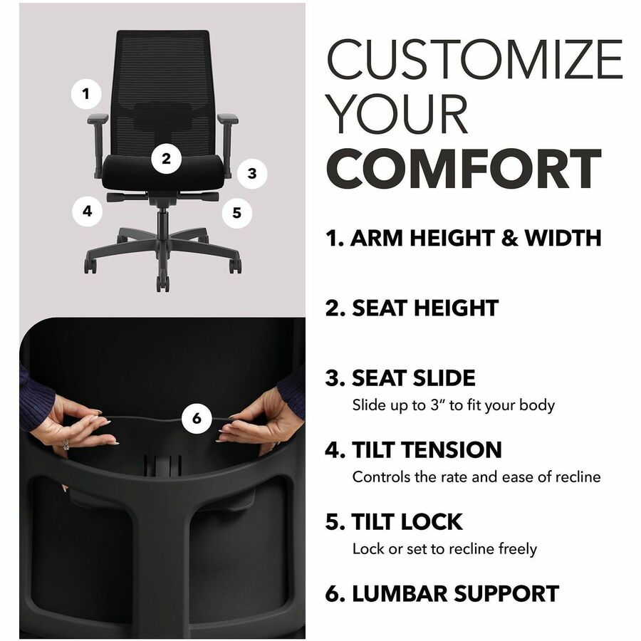 Mid Back - Black - Armrest - 1 Each