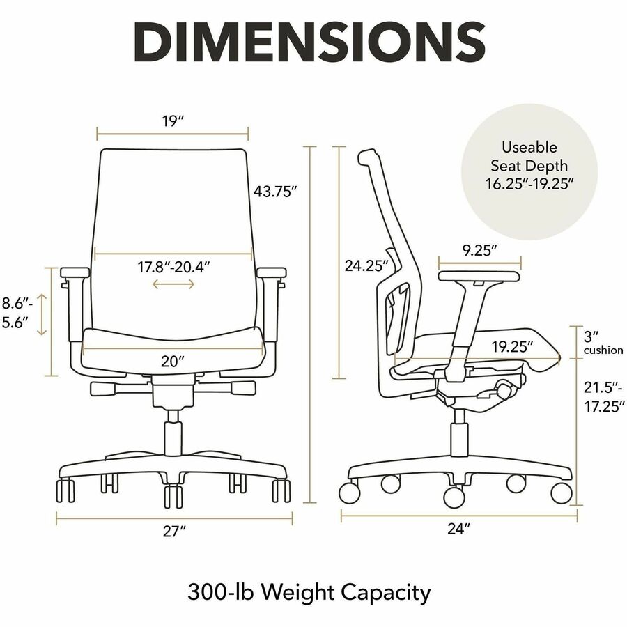 Mid Back - Black - Armrest - 1 Each