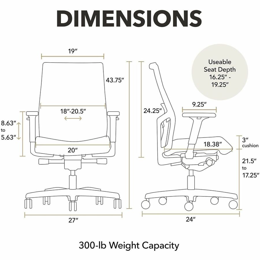 Mid Back - Black - Armrest - 1 Each