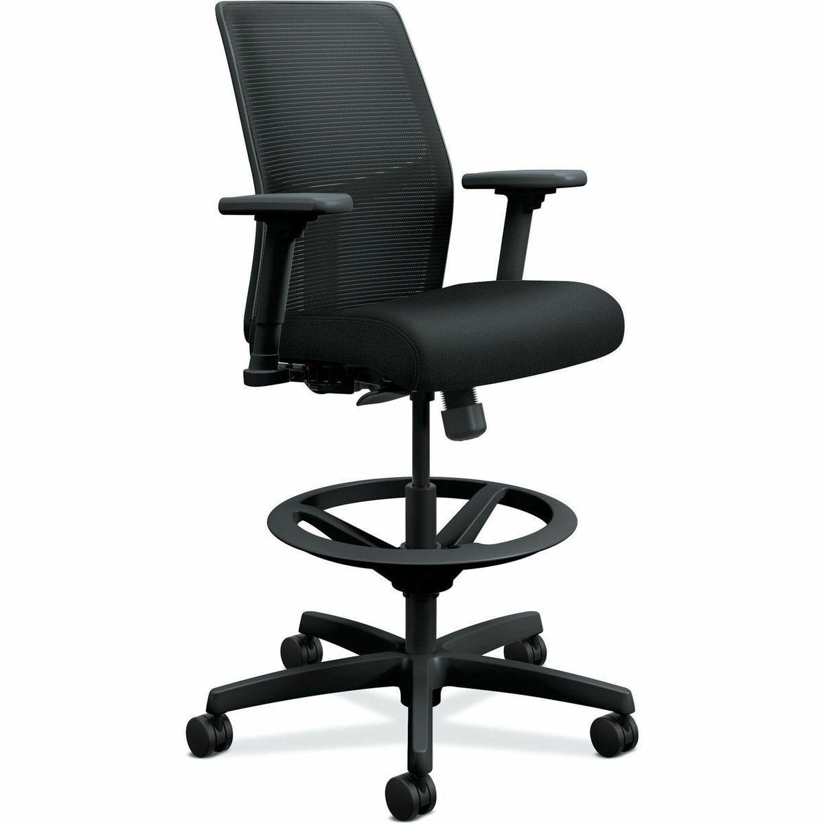 HON Ignition Mesh Back Task Stool, Black Seat and Frame, Low Back, 5-Star Base, Adjustable Arms, 1 Each