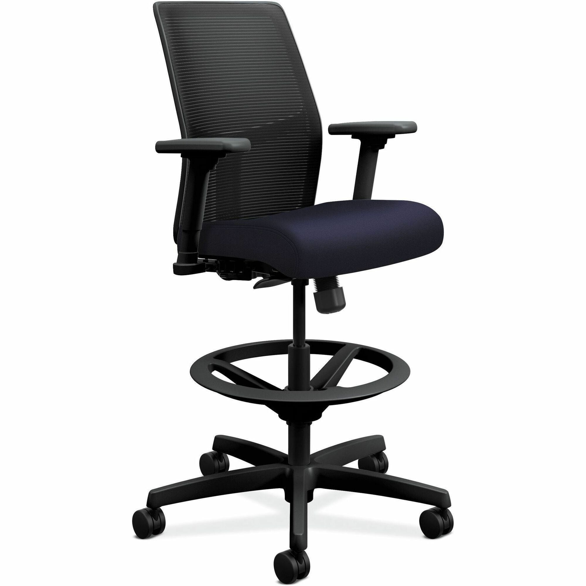 HON Ignition Mesh Back Task Stool, Navy Seat, Black Mesh Low Back, Black Frame, 5-Star Base, Adjustable Arms, 1 Each