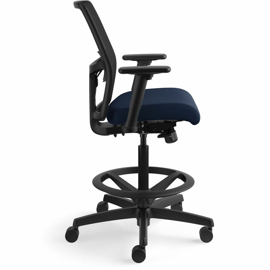 HON Ignition Mesh Back Task Stool, Navy Seat, Black Mesh Low Back, Black Frame, 5-Star Base, Adjustable Arms, 1 Each