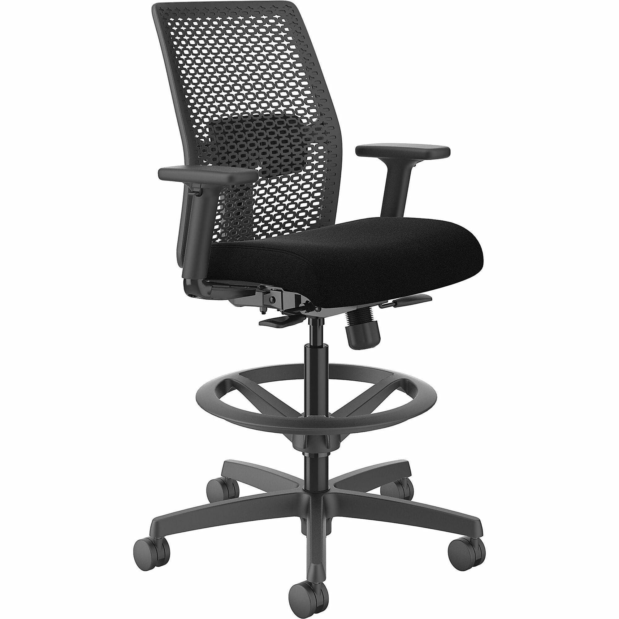 HON Ignition ReActiv Low-Back Task Stool, Centurion Black Seat, Charcoal Back, Black Frame, Molded Foam, Adjustable Arms, 5-Star Base, 1 Each