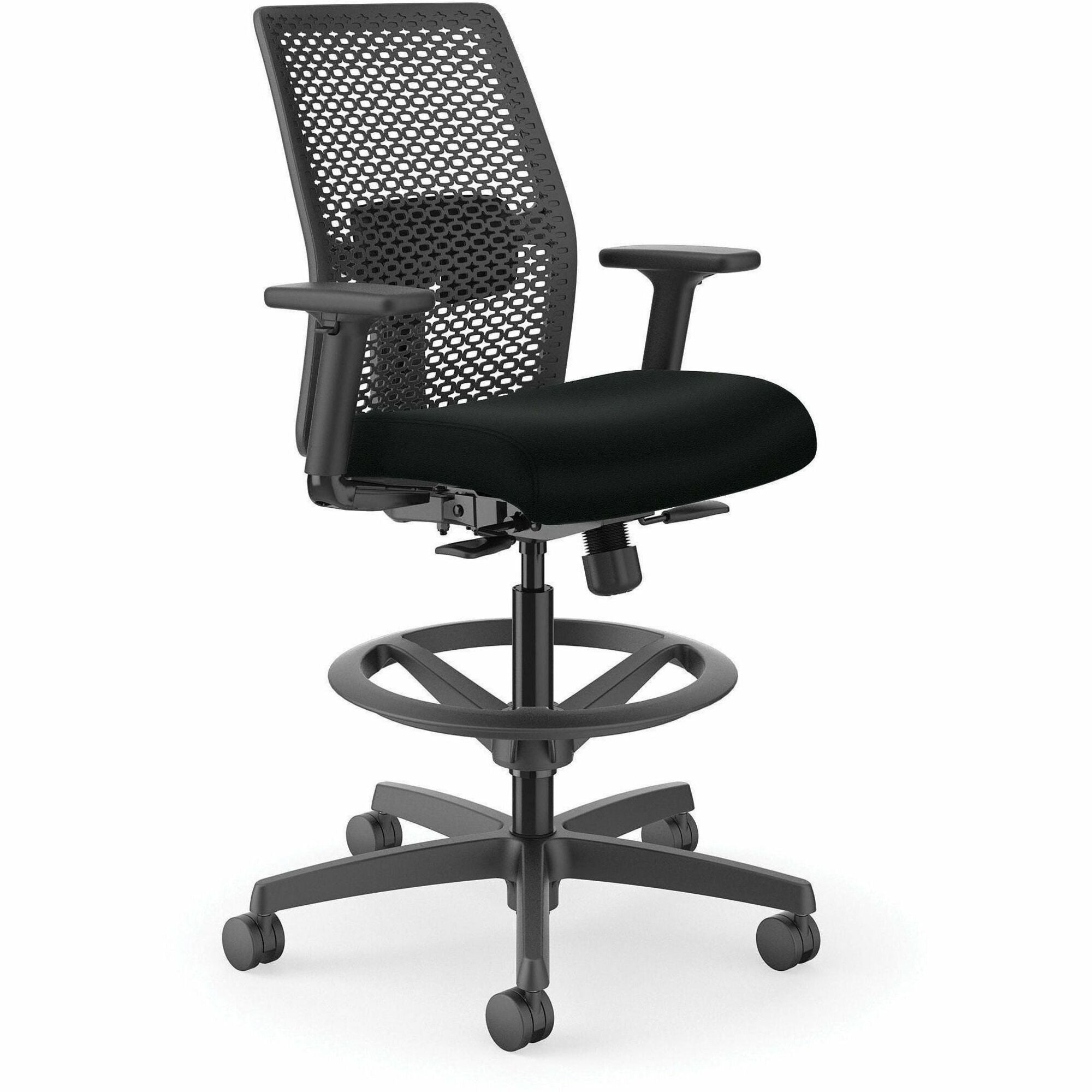 HON Ignition ReActiv Low-Back Task Stool, Black Seat, Charcoal Back, Adjustable Arms, 5-Star Black Base, Molded Foam and Fabric, 1 Each
