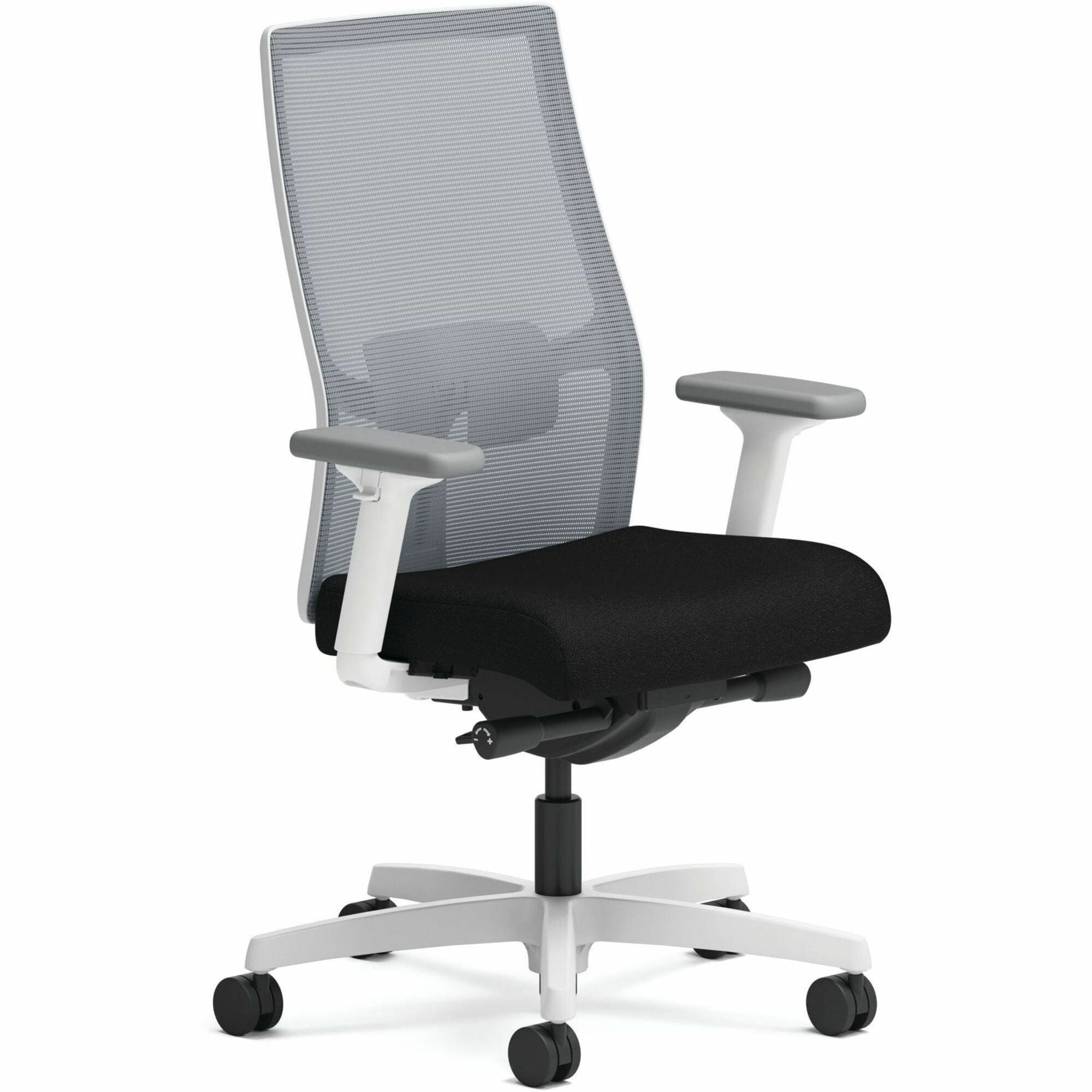HON Ignition Mid-back Task Chair, Black Fabric Seat, Fog Mesh Back, Designer White Frame, Adjustable Arms, Lumbar Support, Synchro Tilt, 300 lb Capacity, 1 Each