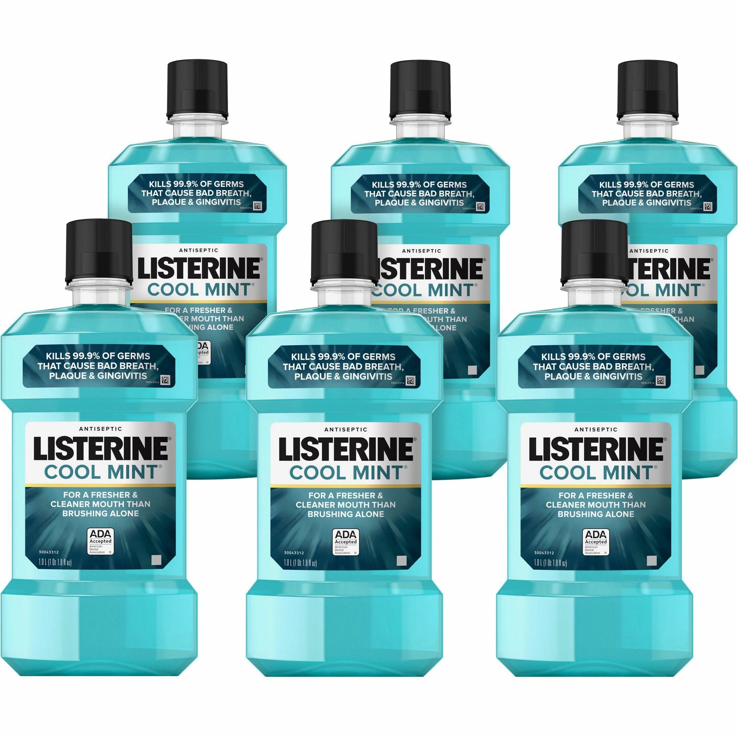 LISTERINE Cool Mint Antiseptic Mouthwash, Cool Mint Flavor, 1.06 Quart Bottles, 6 per Carton