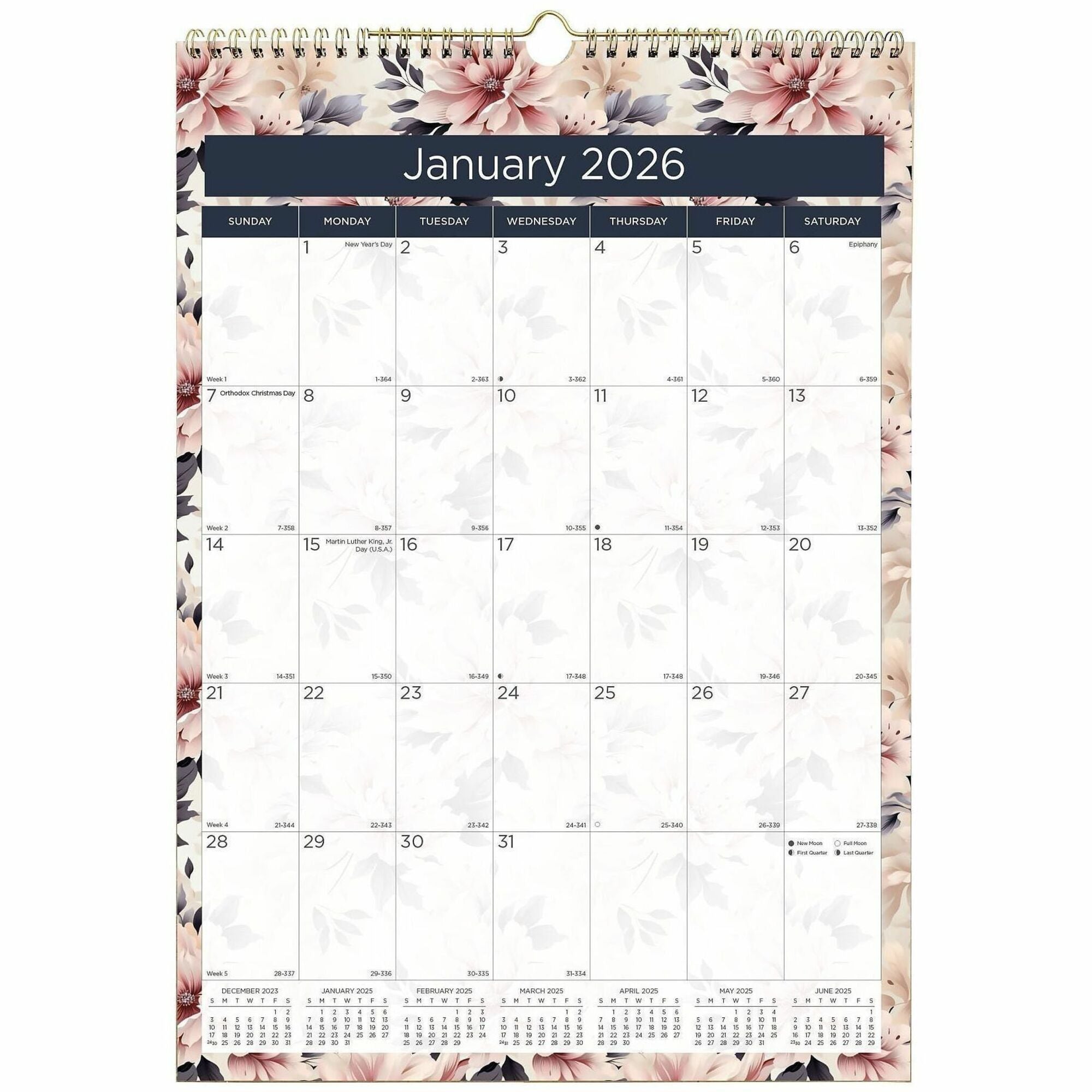 Monthly - 12 Month - January 2026 to December 2026 - 1 Month Single Page Layout - 17" x 12" Sheet Size - Wire Bound - Wall Mount - Abstract Floral - Chipboard - Dated Planning Page, Daily Block, Reference Calendar, Reinforced - 1 Each