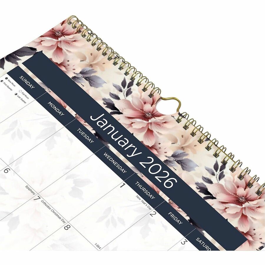 Monthly - 12 Month - January 2026 to December 2026 - 1 Month Single Page Layout - 17" x 12" Sheet Size - Wire Bound - Wall Mount - Abstract Floral - Chipboard - Dated Planning Page, Daily Block, Reference Calendar, Reinforced - 1 Each