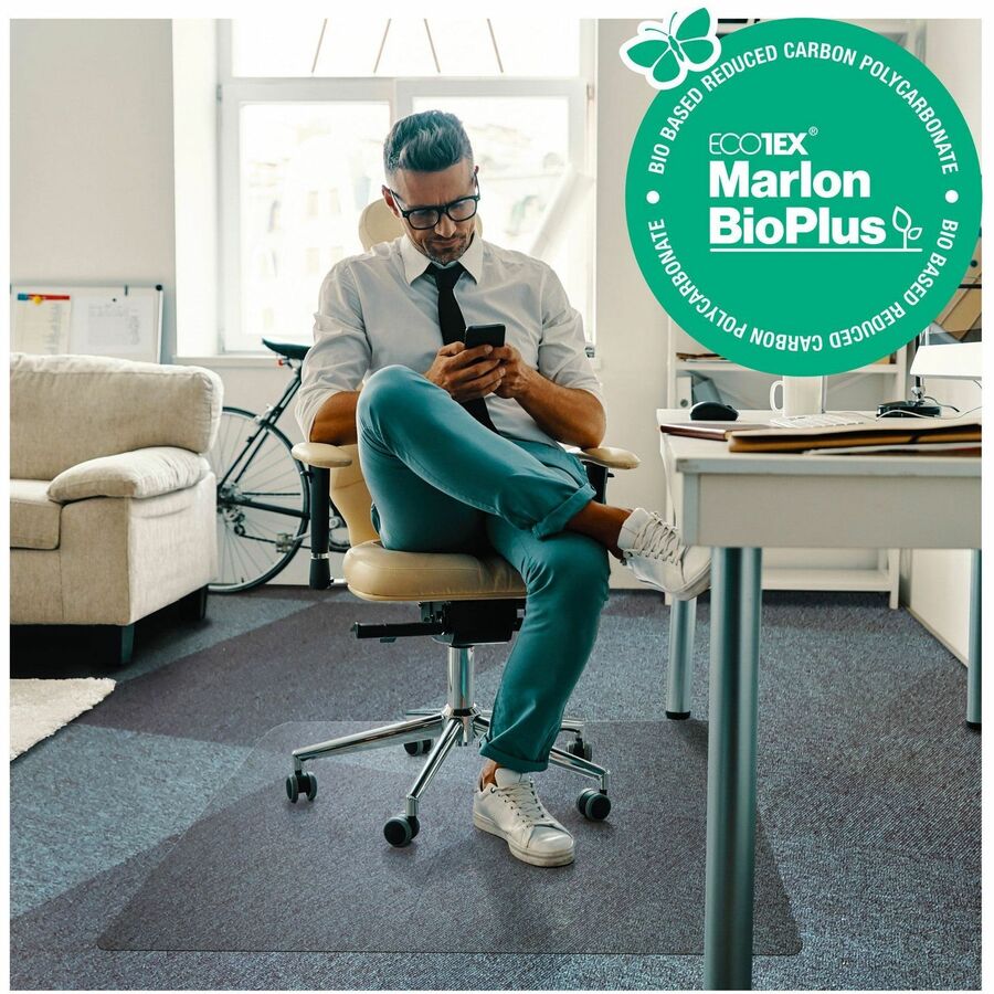 Floortex Eco Friendly Carbon Neutral Polycarbonate Chair Mat, 47" x 35" x 0.090", Rectangular, Clear, 1 Each, TAA Compliant