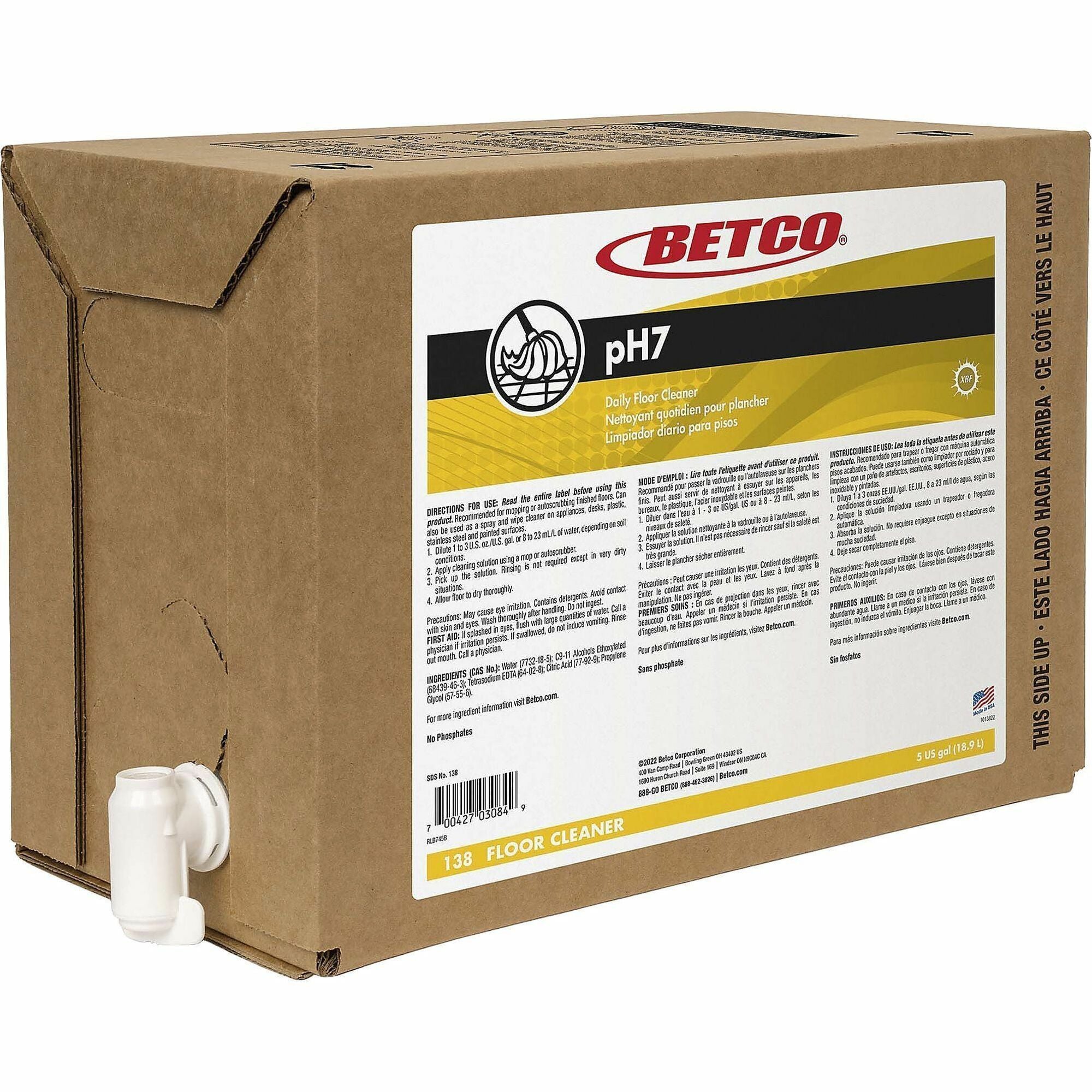 Betco pH7 Floor Cleaner Concentrate, Lemon Scent, 640 fl oz (20 quart), pH 6.5-8.5, Clear/Yellow, 1 Each
