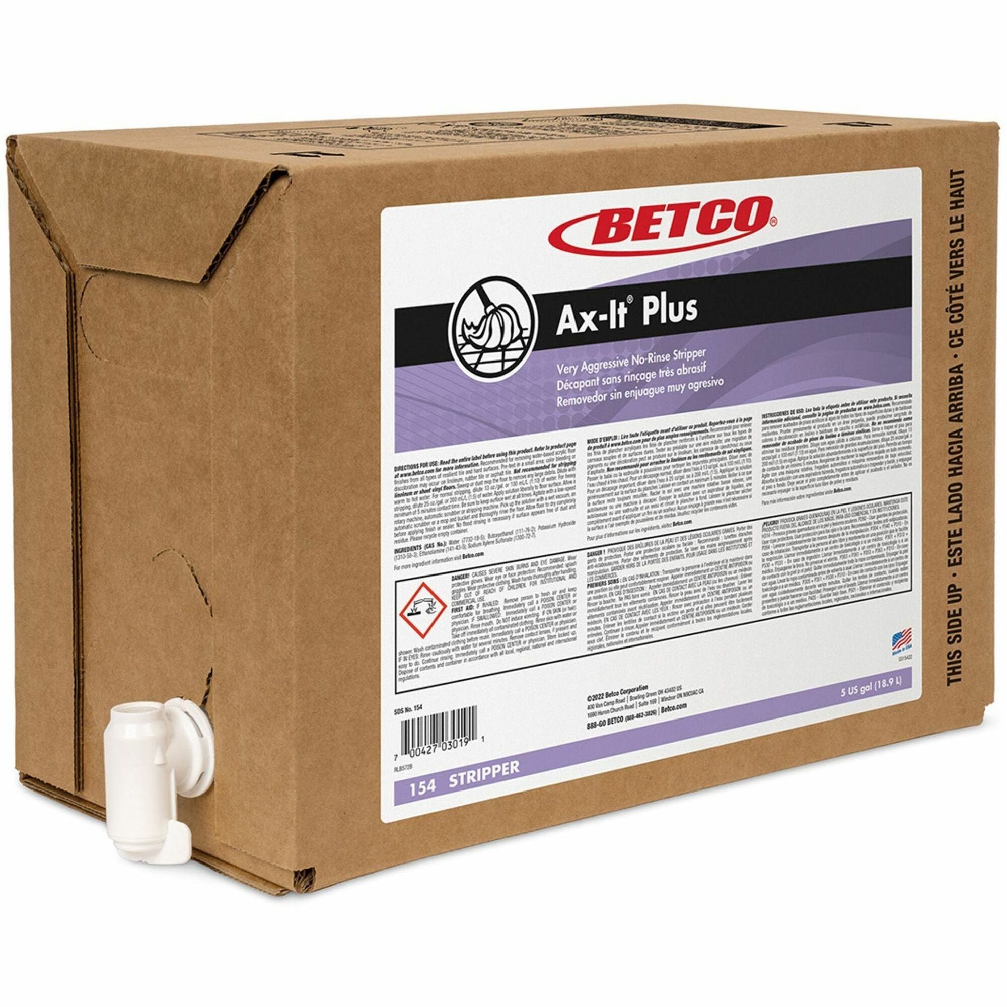 Betco Ax-It Plus No-Rinse Stripper Concentrate, 640 fl oz (20 quart), 13.5-14 pH, Low Foaming, Rinse-Free, Fast Acting, Pleasant Scent, Clear/Amber, 1 Each