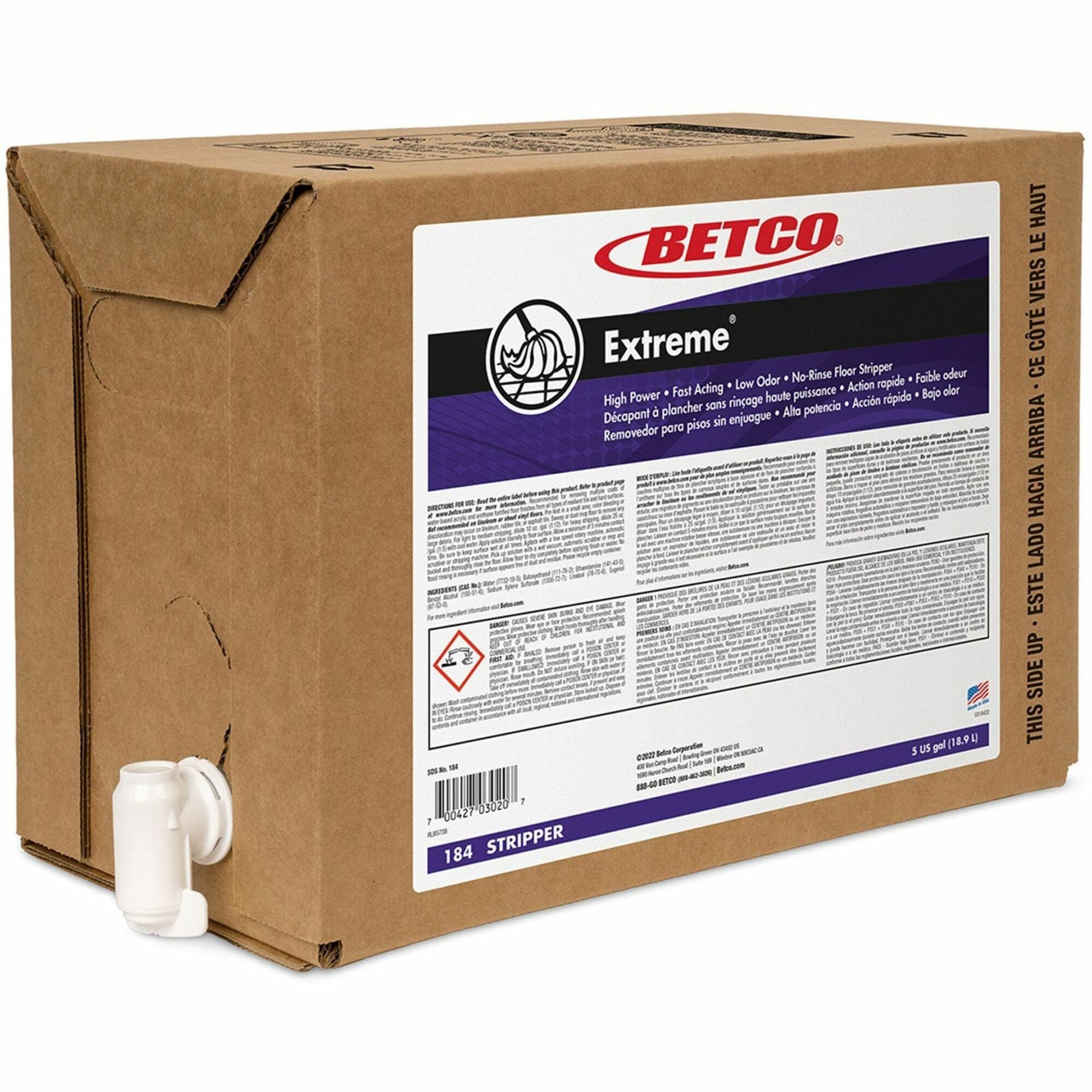 Betco Extreme Floor Stripper Concentrate, Lemon Scent, 640 fl oz (20 quart), 11.8-12.8 pH, Fast Acting, Low Odor, Rinse-Free, Green, 1 Each