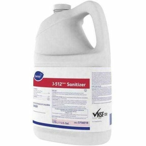 Diversey J-512 Sanitizer, Concentrate Liquid, Quaternary Scent, 128 fl oz (4 quart) Bottles, Red, 4/Carton, Kosher, Rinse-Free, pH 7.9