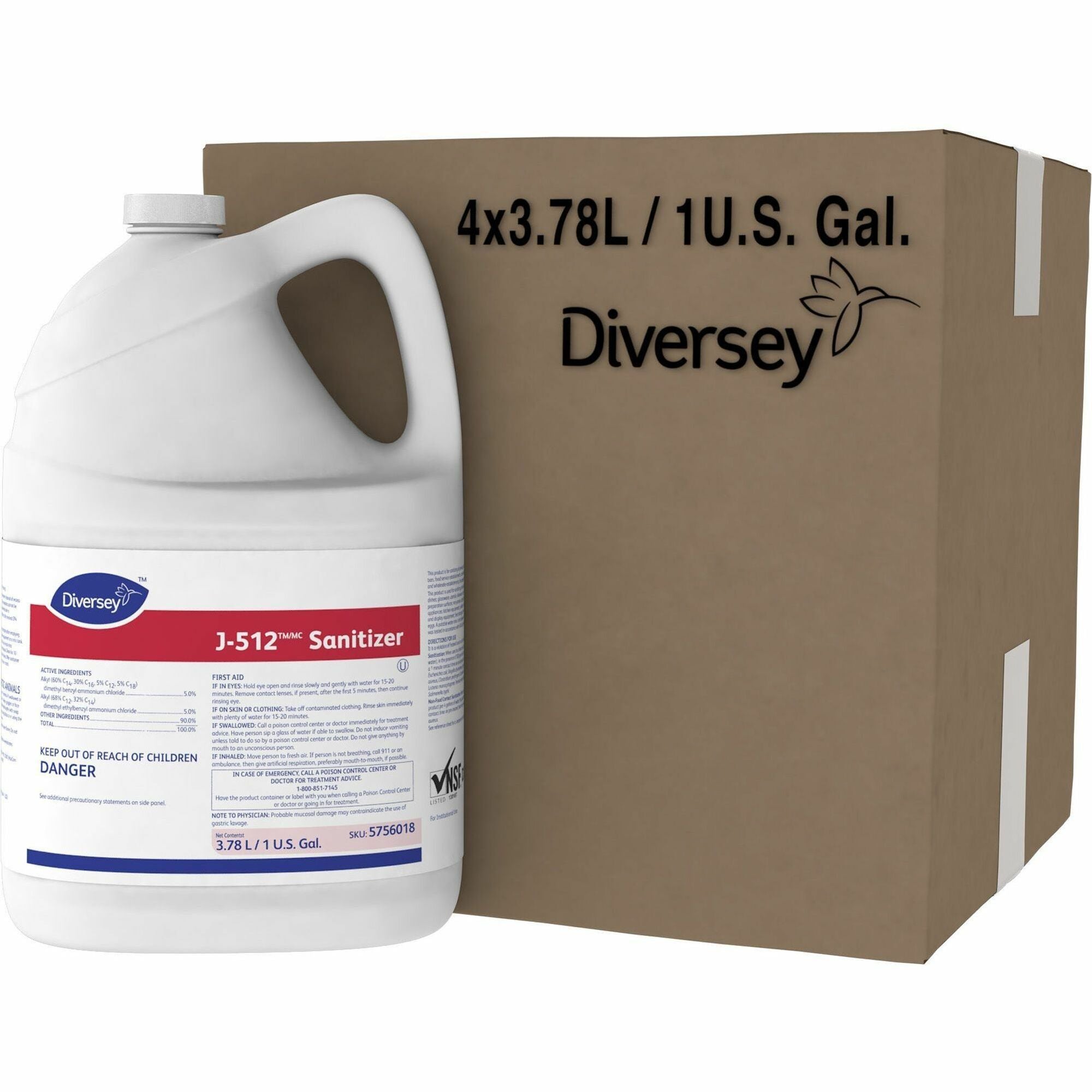 Diversey J-512 Sanitizer, Concentrate Liquid, Quaternary Scent, 128 fl oz (4 quart) Bottles, Red, 4/Carton, Kosher, Rinse-Free, pH 7.9