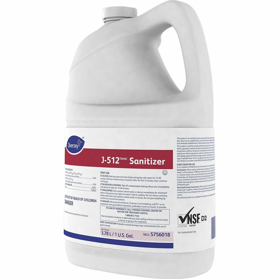 Diversey J-512 Sanitizer, Concentrate Liquid, Quaternary Scent, 128 fl oz (4 quart) Bottles, Red, 4/Carton, Kosher, Rinse-Free, pH 7.9
