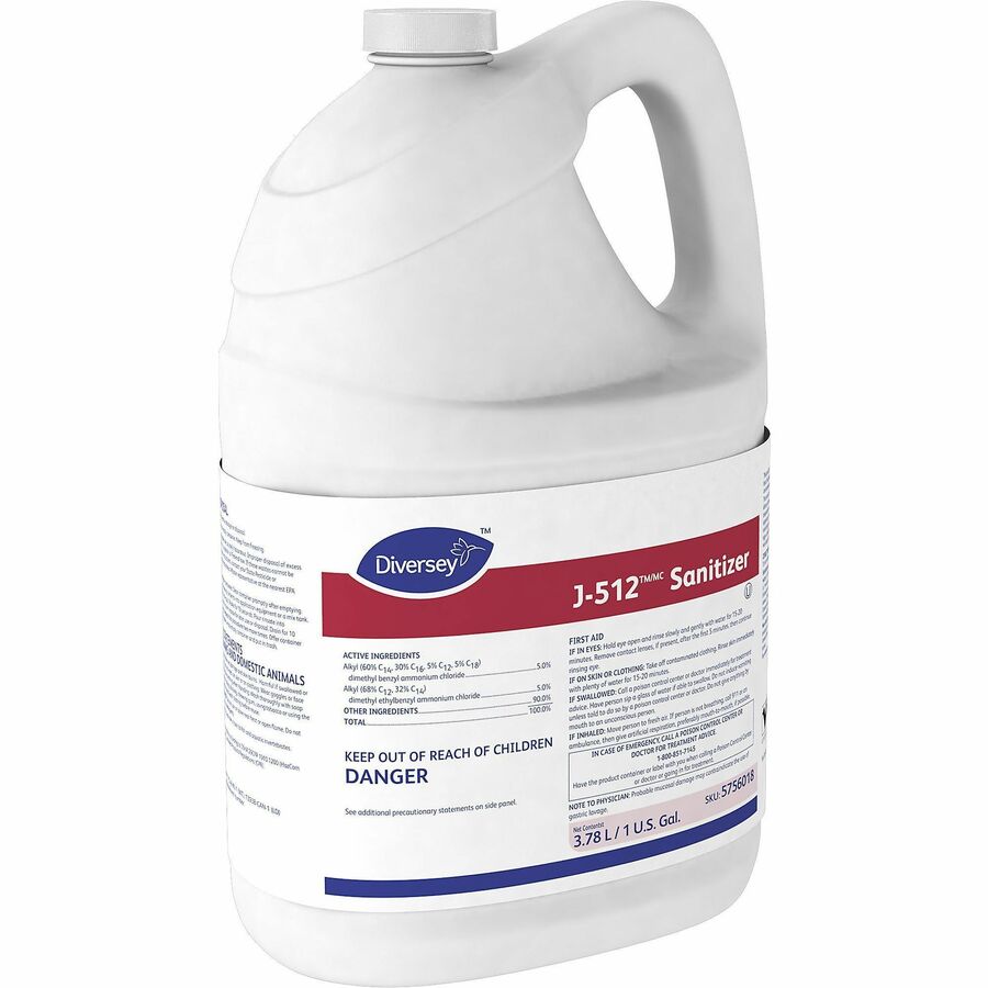 Diversey J-512 Sanitizer, Concentrate Liquid, Quaternary Scent, 128 fl oz (4 quart) Bottles, Red, 4/Carton, Kosher, Rinse-Free, pH 7.9