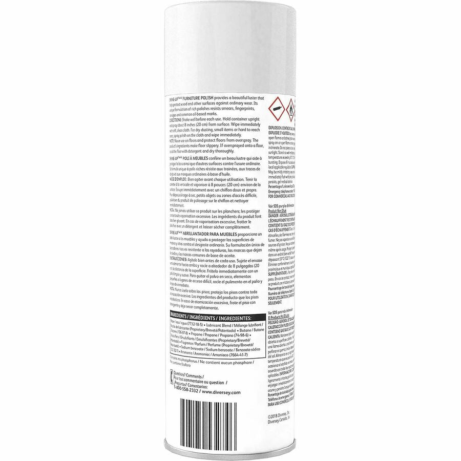 Diversey Shine-Up Lemon Furniture Polish, Ready-To-Use Aerosol, 19 fl oz, Lemon Scent, White, Fingerprint Resistant, Residue-Free, Wear Resistant, 12/Carton