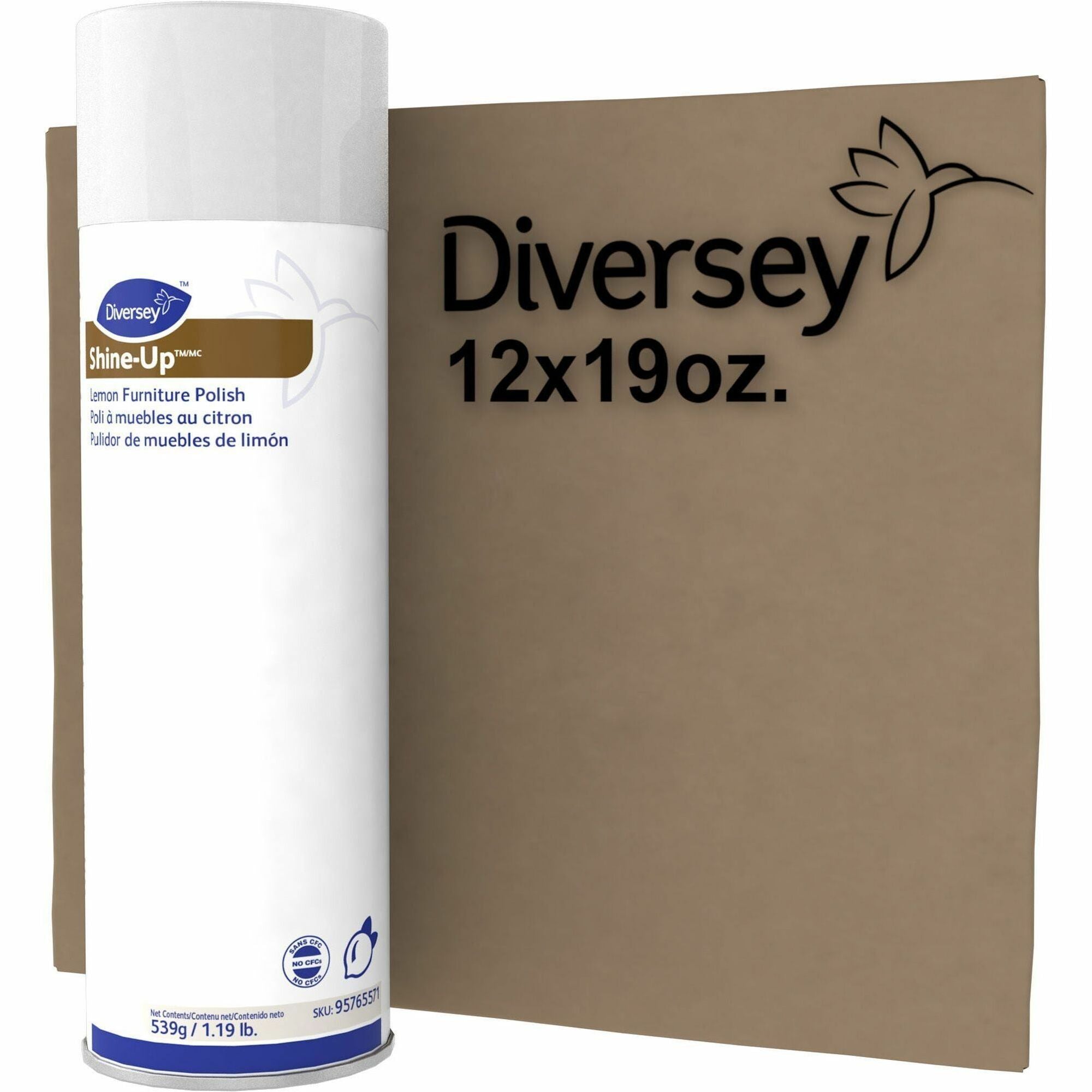 Diversey Shine-Up Lemon Furniture Polish, Ready-To-Use Aerosol, 19 fl oz, Lemon Scent, White, Fingerprint Resistant, Residue-Free, Wear Resistant, 12/Carton
