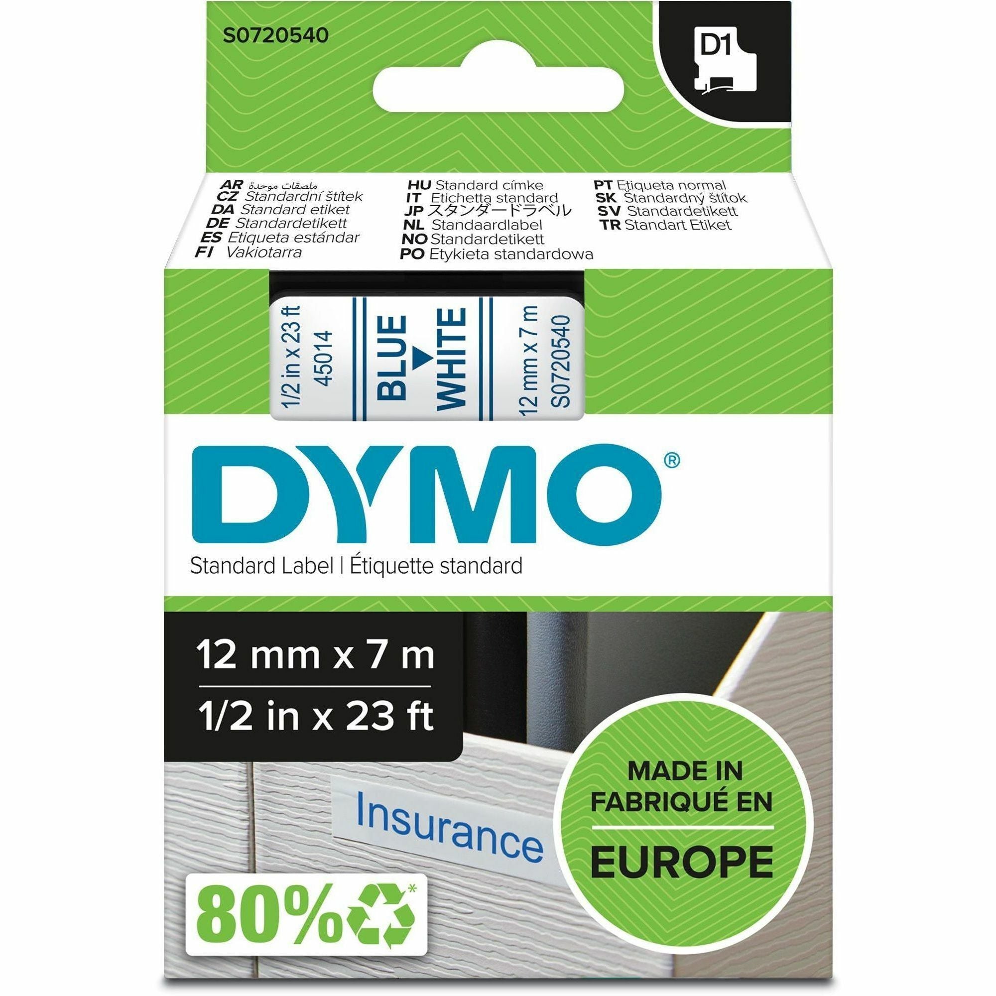 Dymo D1 Electronic Tape Cartridge, 1/2" x 23 ft, Blue on White, Easy Peel, Durable, 1 Each