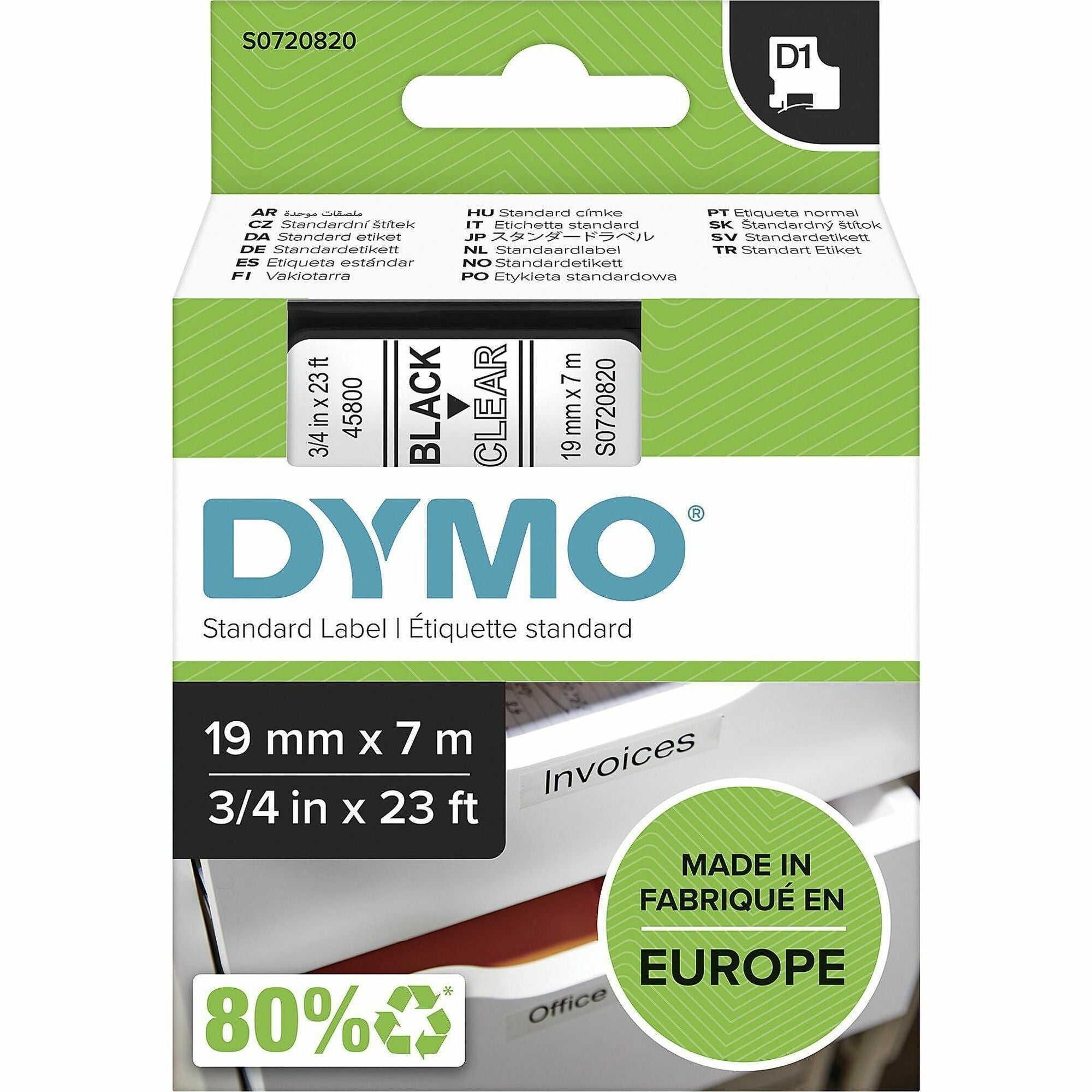 Dymo S0720820 D1 45800 Tape 19mm x 7m Black on Clear