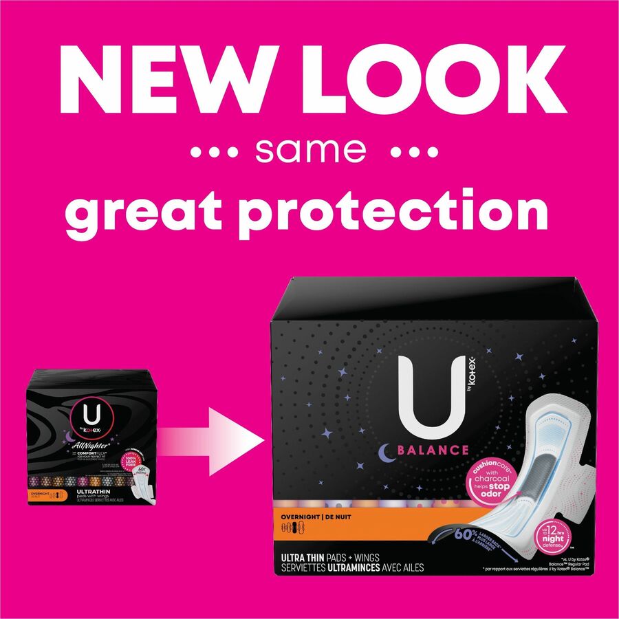 U by Kotex Ultra Thin Overnight Pads with Wings, Individually Wrapped, Anti-leak, Absorbent, Odor-absorbing, 13 Pads per Box, 1 Box