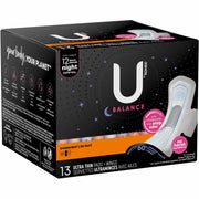 U by Kotex Ultra Thin Overnight Pads with Wings, Individually Wrapped, Anti-leak, Absorbent, Odor-absorbing, 13 Pads per Box, 1 Box