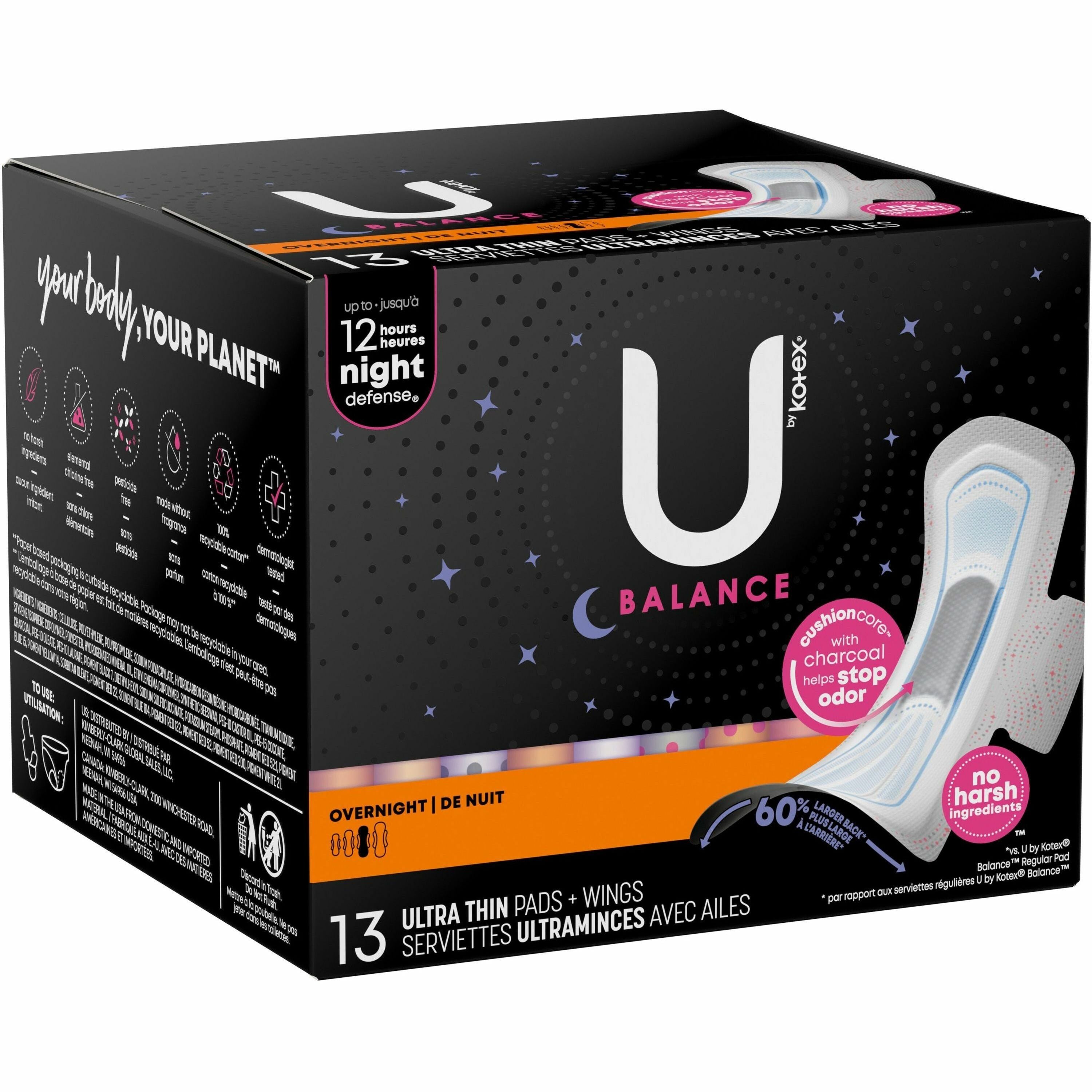 U by Kotex Ultra Thin Overnight Pads with Wings, Individually Wrapped, Anti-leak, Absorbent, Odor-absorbing, 13 Pads per Box, 1 Box