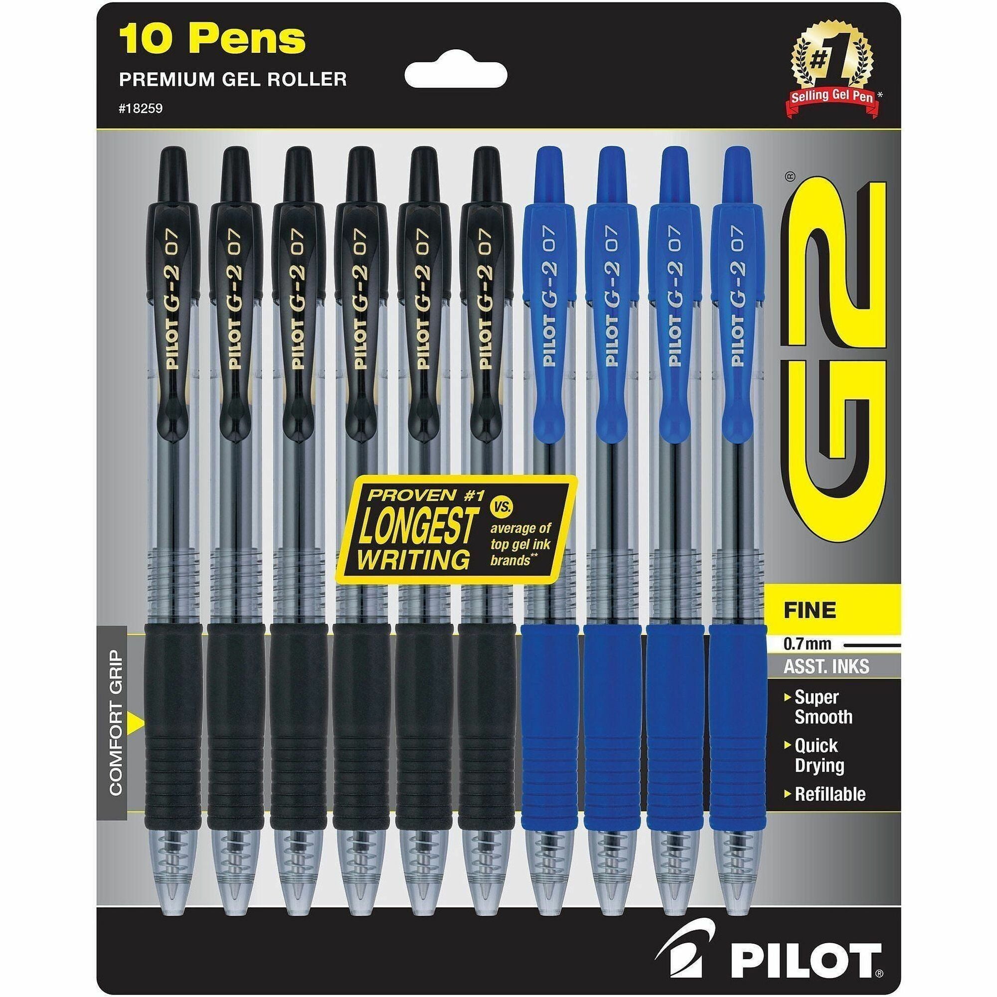 Pilot Premium Gel Ink Retractable Pen, 0.7 mm Fine Point, Refillable, Assorted Ink, 10 Pack